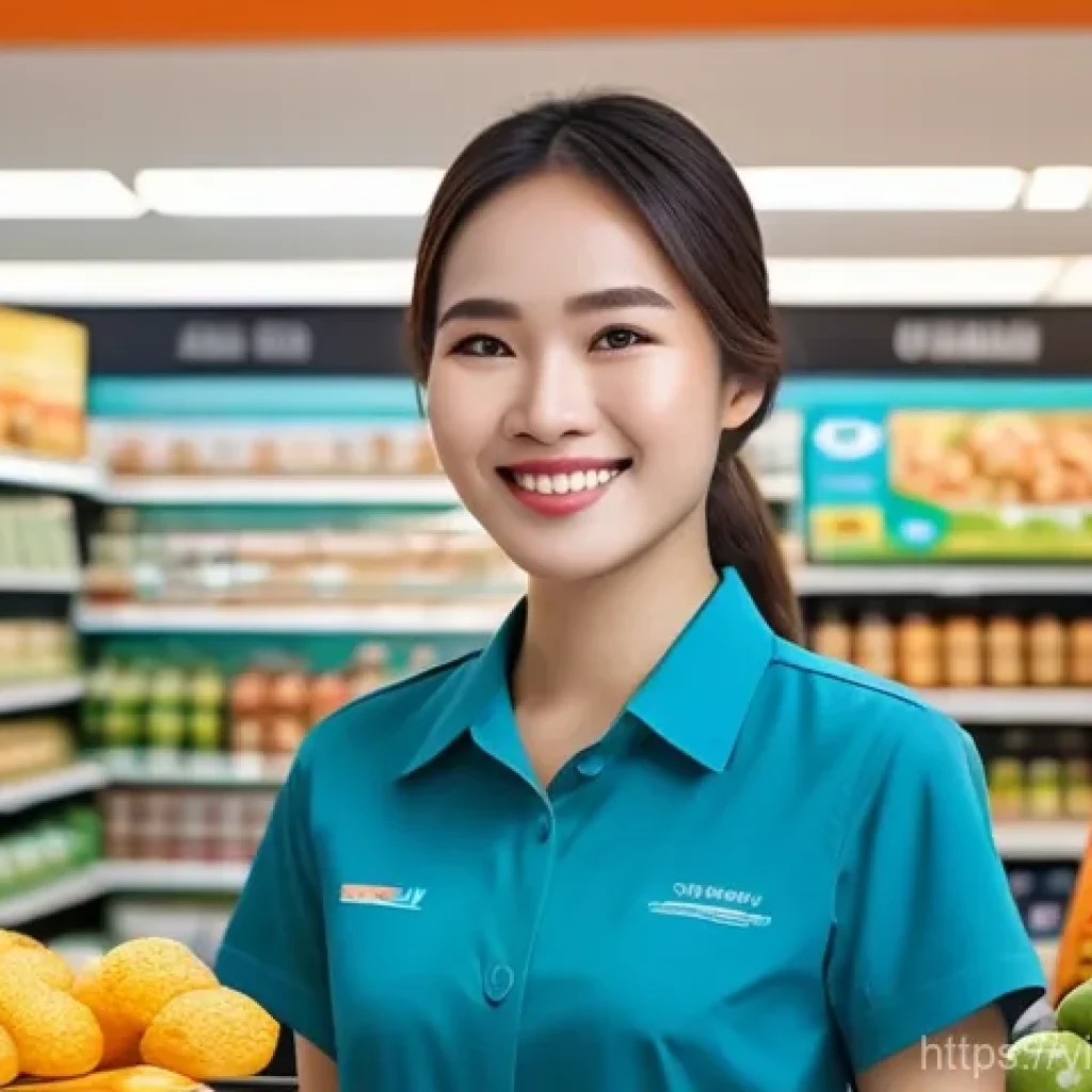 비즈니스에서 얼굴 인식 기술 도입 시 고려사항 - **Prompt:** "A brightly lit, modern convenience store in a bustling Vietnamese city. A young woman, ...