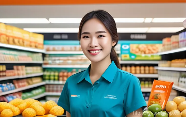 비즈니스에서 얼굴 인식 기술 도입 시 고려사항 - **Prompt:** "A brightly lit, modern convenience store in a bustling Vietnamese city. A young woman, ...