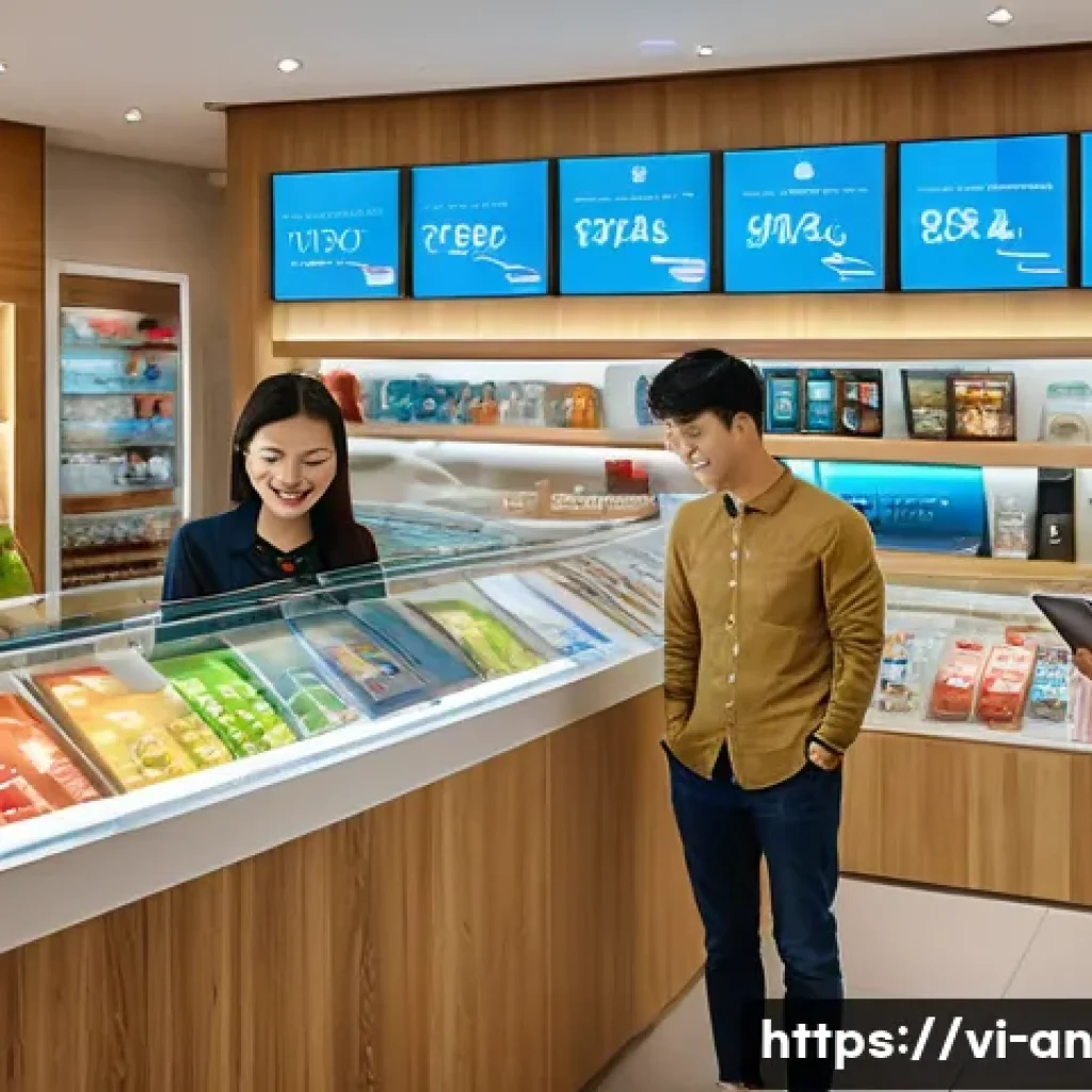 얼굴 인식 기술을 통한 고객 맞춤형 서비스 - A modern Vietnamese retail store interior with diverse customers of various ages and genders, all we...