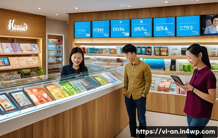 얼굴 인식 기술을 통한 고객 맞춤형 서비스 - A modern Vietnamese retail store interior with diverse customers of various ages and genders, all we...