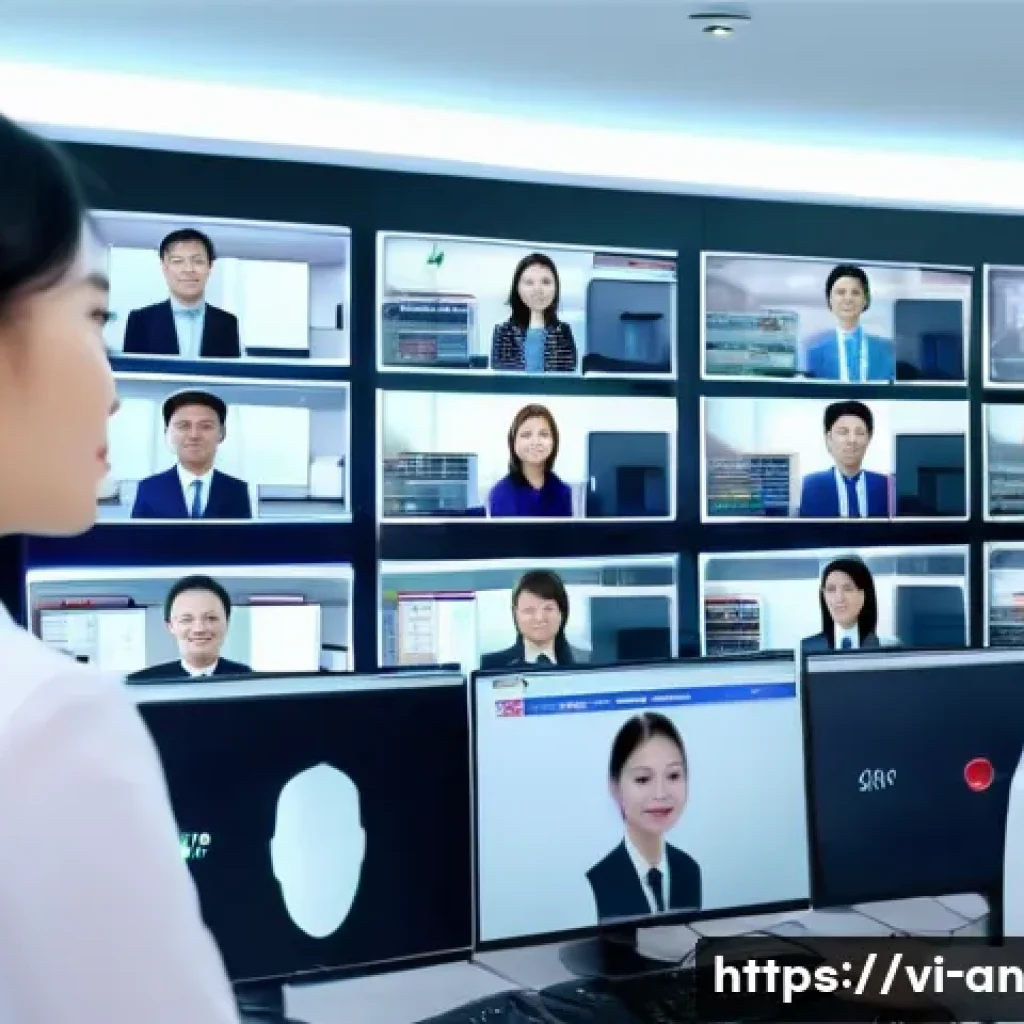 얼굴 인식 기술의 성능 개선을 위한 연구 - A high-tech security control room in a modern Vietnamese office building, featuring diverse employee...