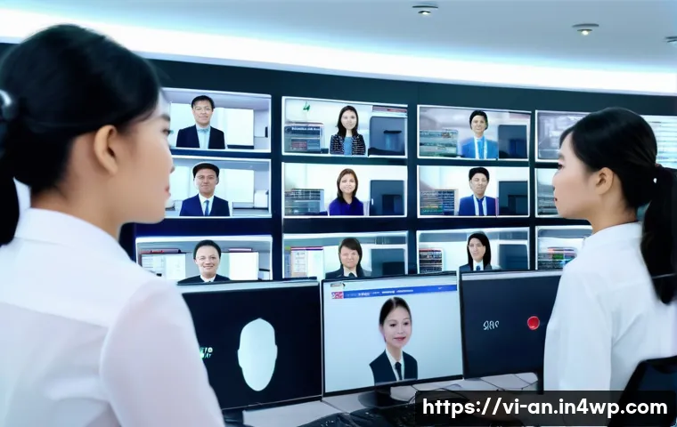 얼굴 인식 기술의 성능 개선을 위한 연구 - A high-tech security control room in a modern Vietnamese office building, featuring diverse employee...