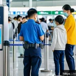 얼굴 인식 기술의 사용 제한 및 규제 - A modern Vietnamese urban scene at a busy airport security checkpoint where diverse travelers, inclu...