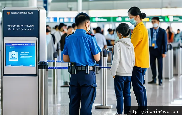 얼굴 인식 기술의 사용 제한 및 규제 - A modern Vietnamese urban scene at a busy airport security checkpoint where diverse travelers, inclu...