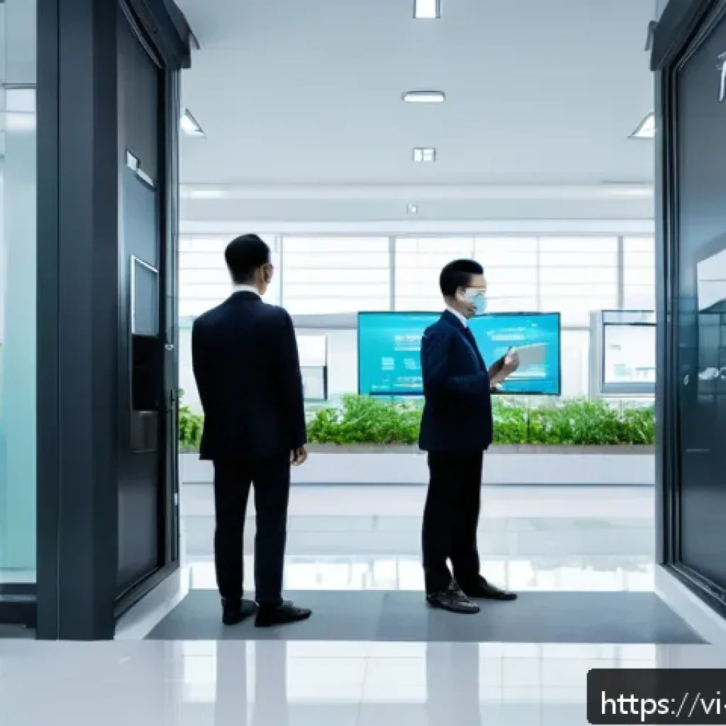 사례 연구  성공적인 얼굴 인식 시스템 도입 - A modern Vietnamese office lobby with a diverse group of professional employees using facial recogni...