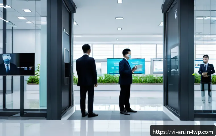 사례 연구  성공적인 얼굴 인식 시스템 도입 - A modern Vietnamese office lobby with a diverse group of professional employees using facial recogni...