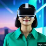 미래의 얼굴 인식 기술  가상 현실과의 연결 - A modern Vietnamese woman wearing smart casual attire is using a high-tech VR headset with integrate...