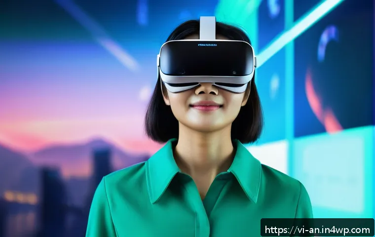 미래의 얼굴 인식 기술  가상 현실과의 연결 - A modern Vietnamese woman wearing smart casual attire is using a high-tech VR headset with integrate...