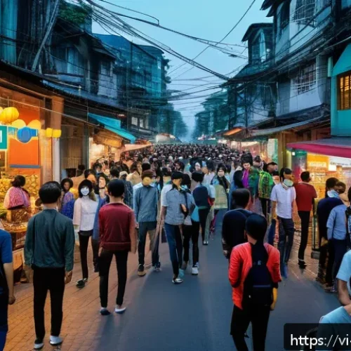 비디오 감시 시스템에서의 얼굴 인식 적용 - A bustling urban street scene in Vietnam at dusk, featuring a high-tech facial recognition surveilla...