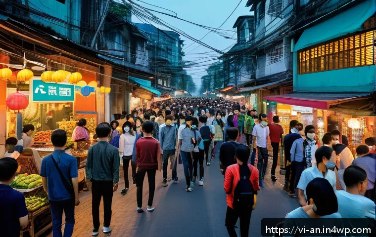 비디오 감시 시스템에서의 얼굴 인식 적용 - A bustling urban street scene in Vietnam at dusk, featuring a high-tech facial recognition surveilla...