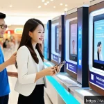 얼굴 인식 기술의 응용 가능성 및 한계 - A modern Vietnamese shopping mall scene featuring diverse customers interacting with facial recognit...