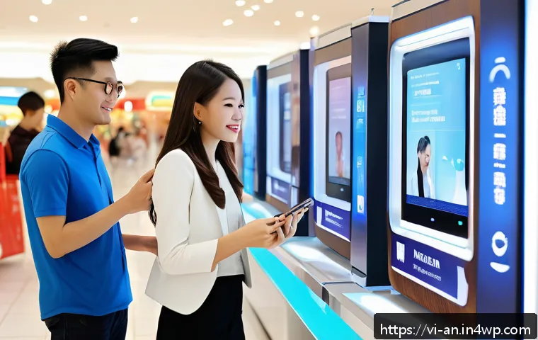 얼굴 인식 기술의 응용 가능성 및 한계 - A modern Vietnamese shopping mall scene featuring diverse customers interacting with facial recognit...