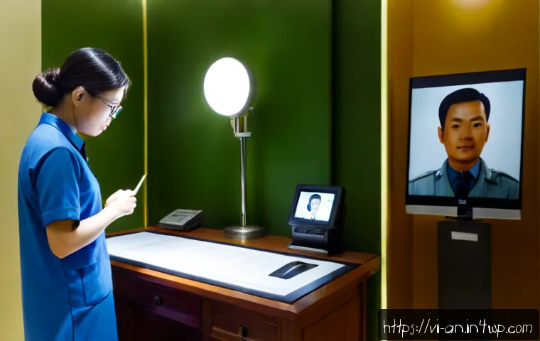 얼굴 인식 기술의 역사와 발전 과정 - Photorealistic split-era museum display illustrating the history of facial recognition technology: o...